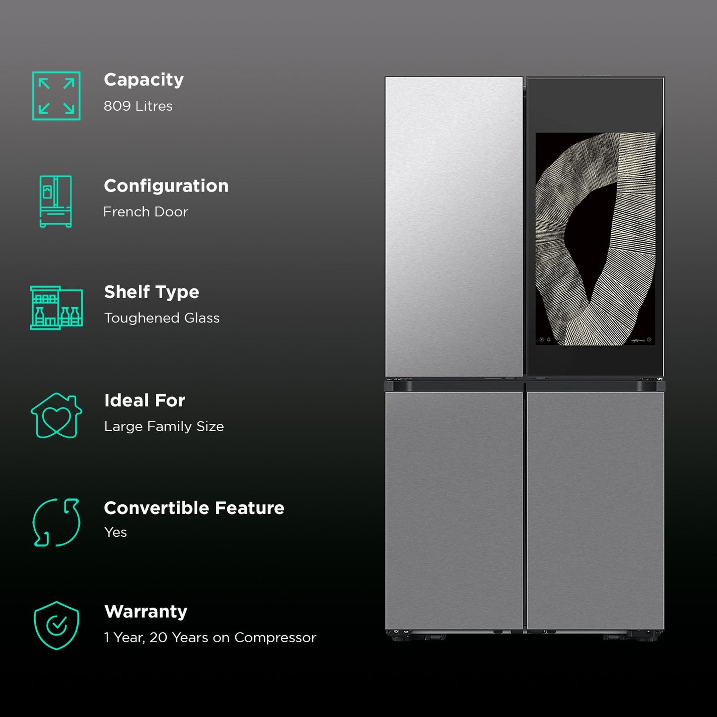 SAMSUNG 809 Litres Frost Free French Door Convertible Refrigerator with Water Dispenser (RF71DB9950QD/TL, Clean Charcoal & Stainless Steel)