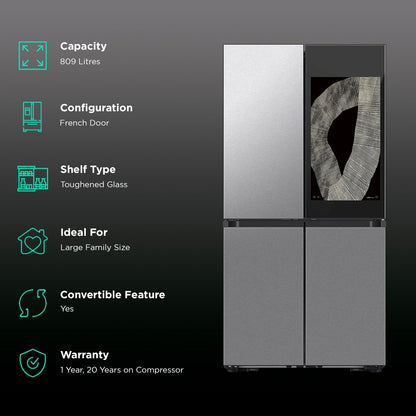 SAMSUNG 809 Litres Frost Free French Door Convertible Refrigerator with Water Dispenser (RF71DB9950QD/TL, Clean Charcoal & Stainless Steel)