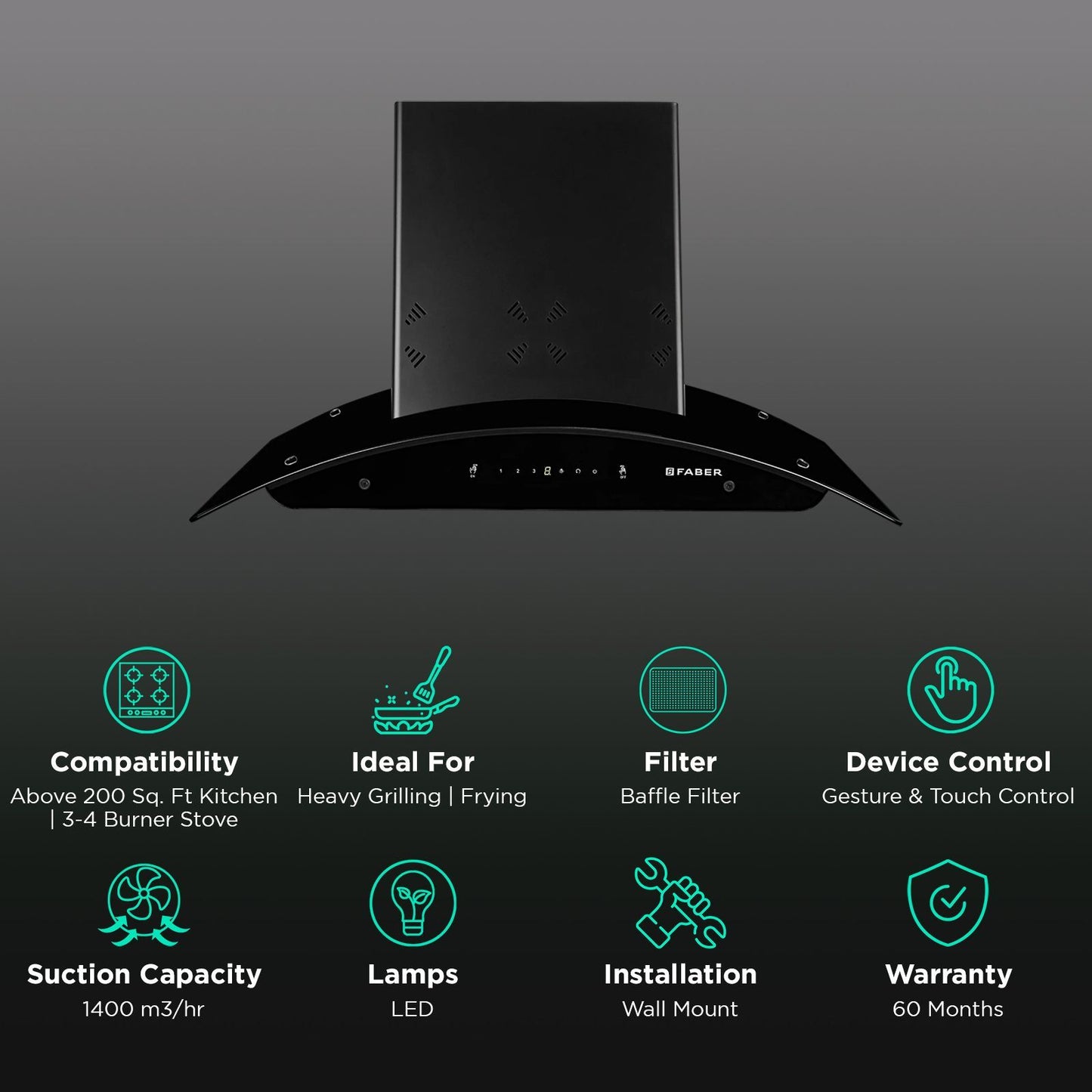 FABER ELLORA 3D IN HC SC BF BK 75 75cm 1400m³/hr Ducted Auto Clean Wall Mounted Chimney with Odor Sensing Technology (Black)