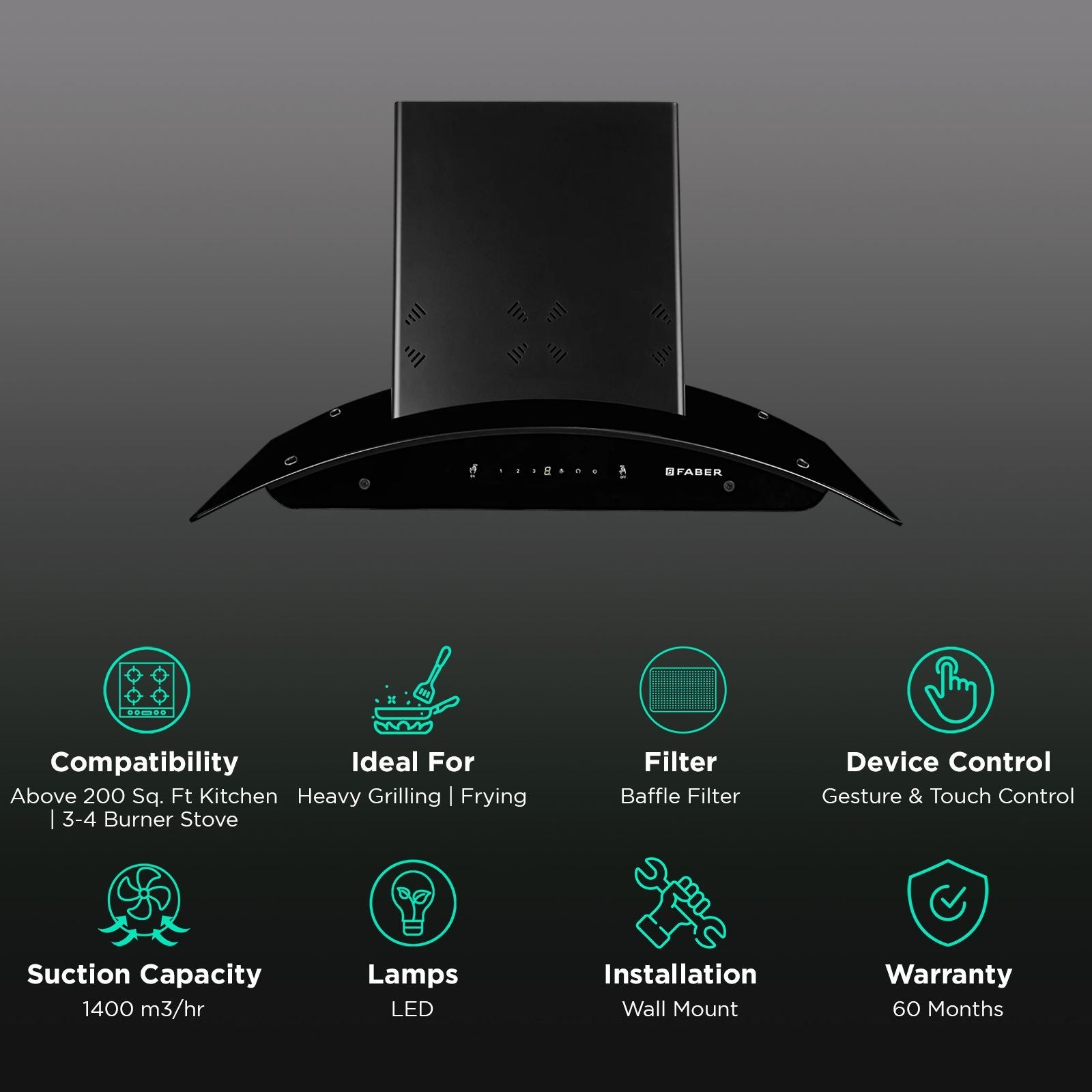 FABER ELLORA 3D IN HC SC BF BK 75 75cm 1400m³/hr Ducted Auto Clean Wall Mounted Chimney with Odor Sensing Technology (Black)