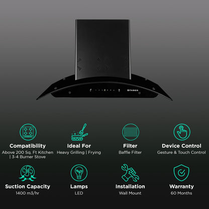 FABER ELLORA 3D IN HC SC BF BK 75 75cm 1400m³/hr Ducted Auto Clean Wall Mounted Chimney with Odor Sensing Technology (Black)