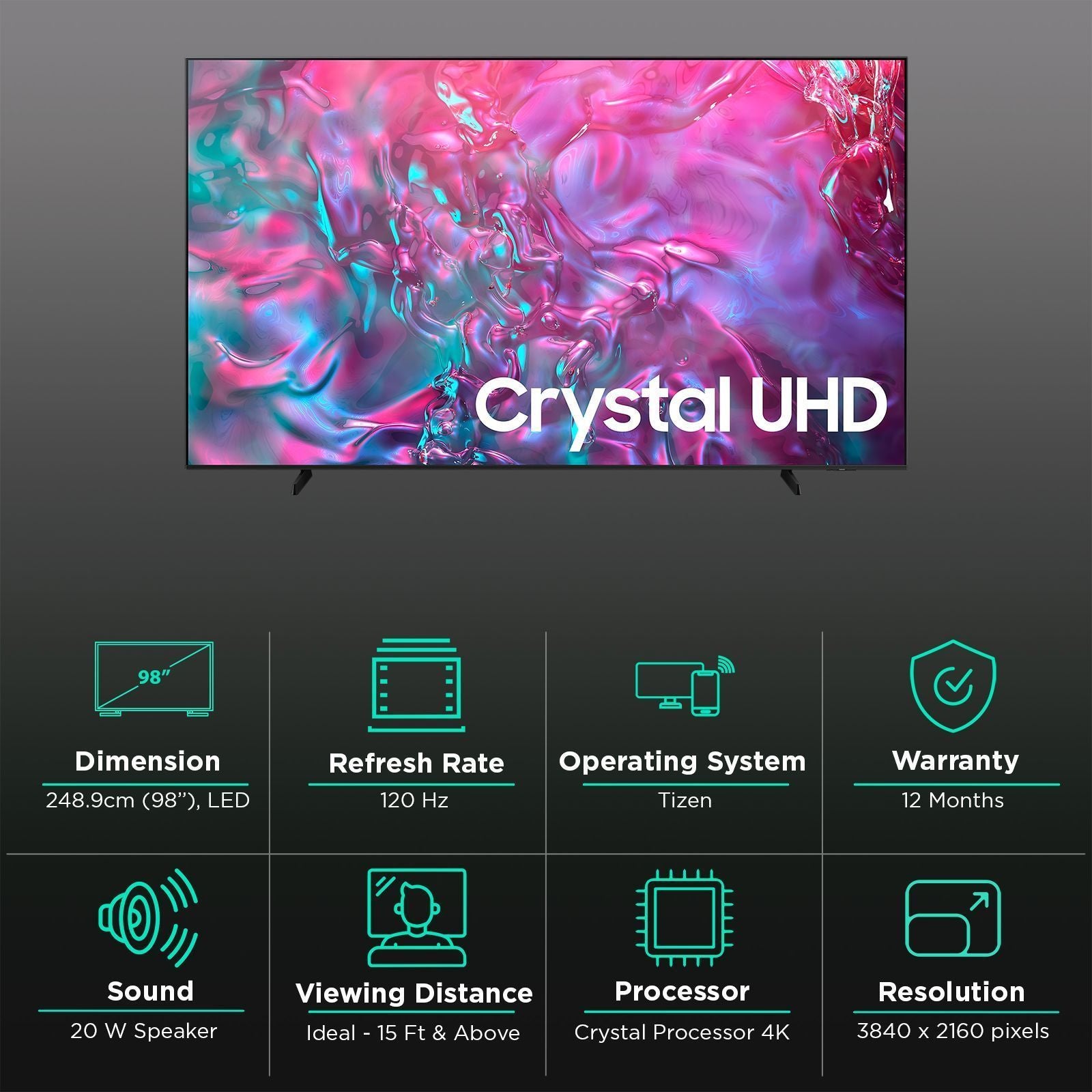 SAMSUNG DU9000 248.9 cm (98 inch) 4K Ultra HD LED Smart Tizen TV with 4K Upscaling (2024 model)