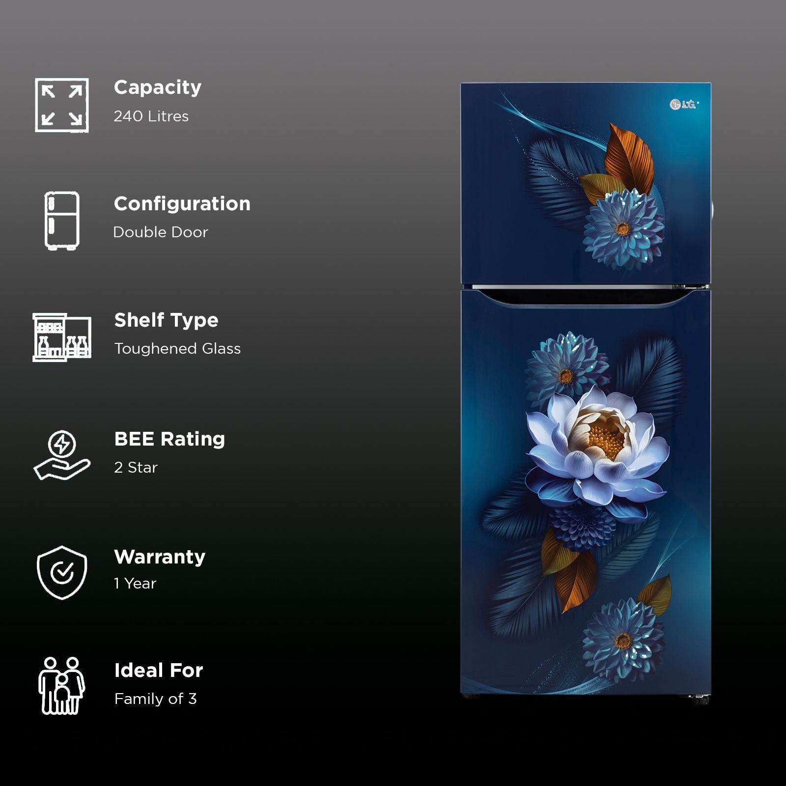 LG 240 Litres 2 Star Frost Free Double Door Convertible Refrigerator with Smart Diagnosis (GL-S292SBWY, Blue Water Lily)