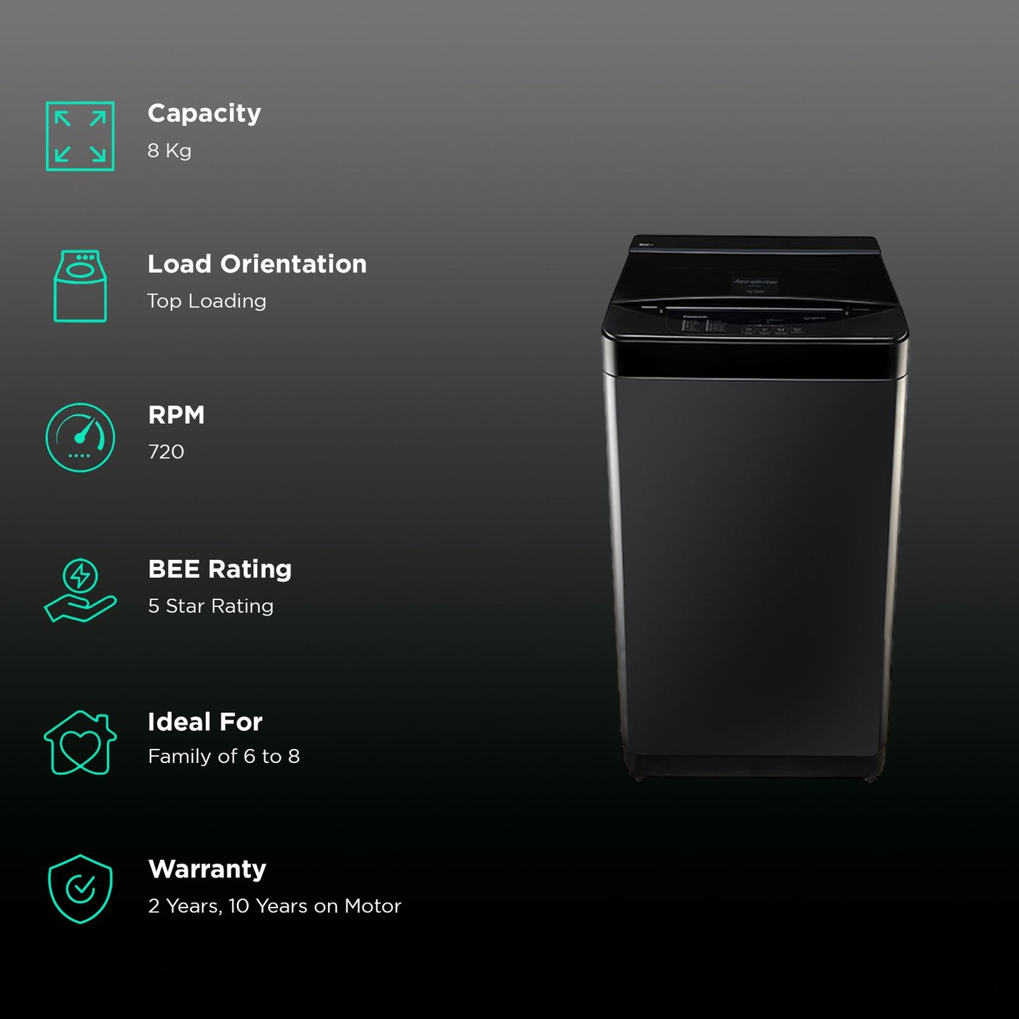 Panasonic 8 kg 5 Star Fully Automatic Top Load Washing Machine (NA-F80C2PRB, Drynamic Spin, Pure Black)