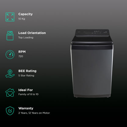 Panasonic 10 kg 5 Star Wi-Fi Fully Automatic Top Load Washing Machine (NA-F100VD1BB, Weather Alert & Recommendation, Black Silver)