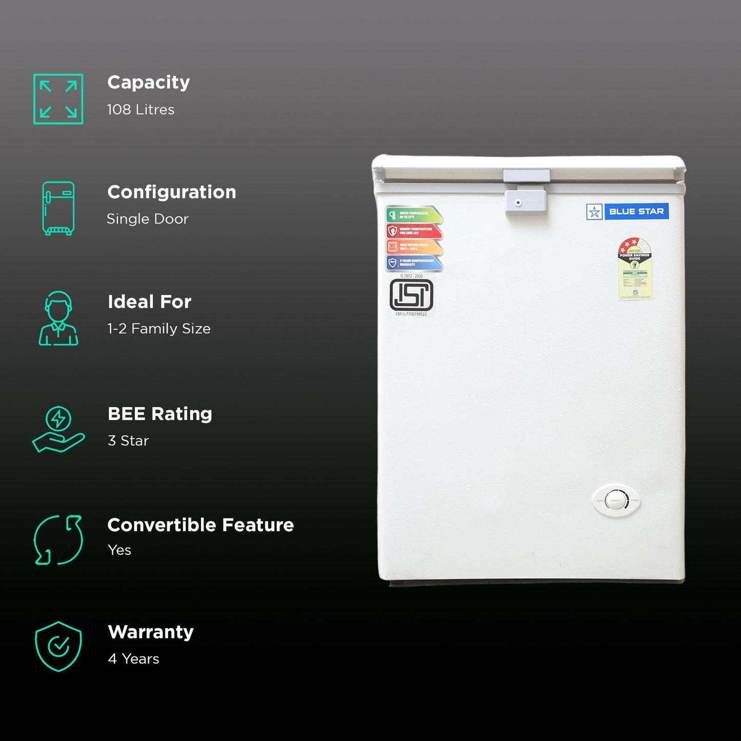 Blue Star NEYW Series 108 Litres 3 Star Single Door Deep Freezer (Static Cooling Technology, CF3-130NEYW, White)