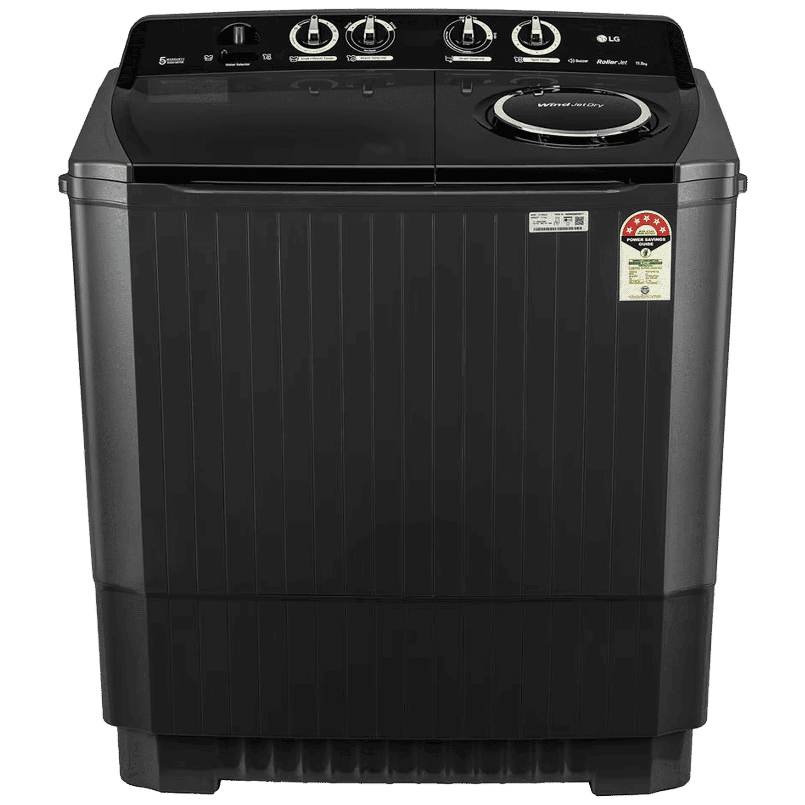 LG 11.5 kg 5 Star Semi Automatic Washing Machine with Wind Jet Dry Technology (P115ASLAZ, Full Black)