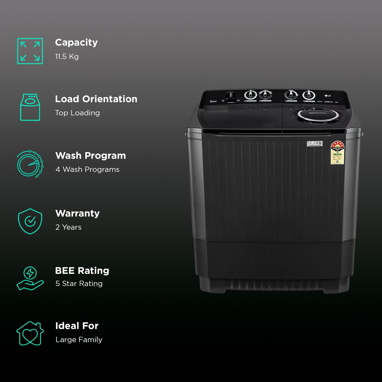 LG 11.5 kg 5 Star Semi Automatic Washing Machine with Wind Jet Dry Technology (P115ASLAZ, Full Black)