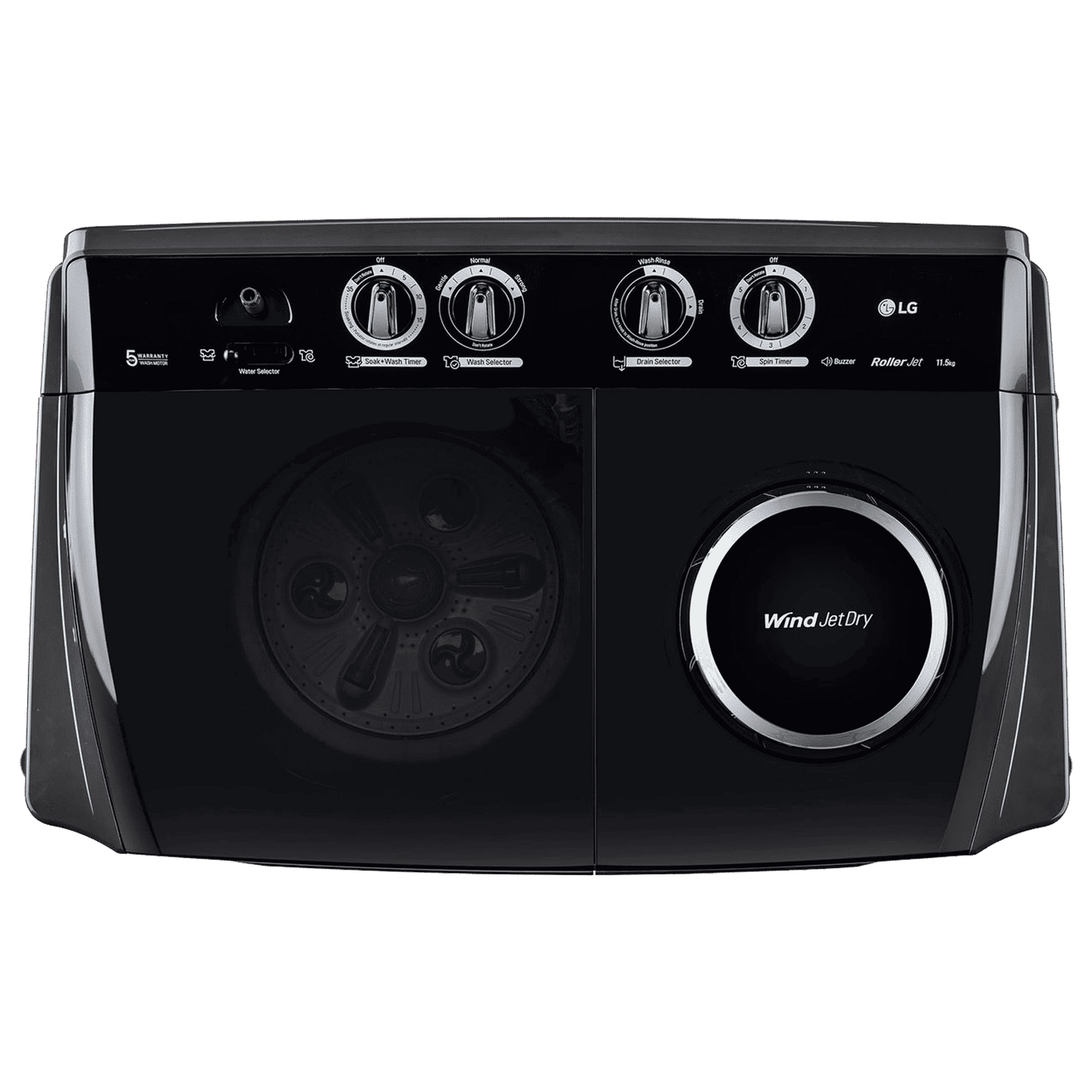 LG 11.5 kg 5 Star Semi Automatic Washing Machine with Wind Jet Dry Technology (P115ASLAZ, Full Black)