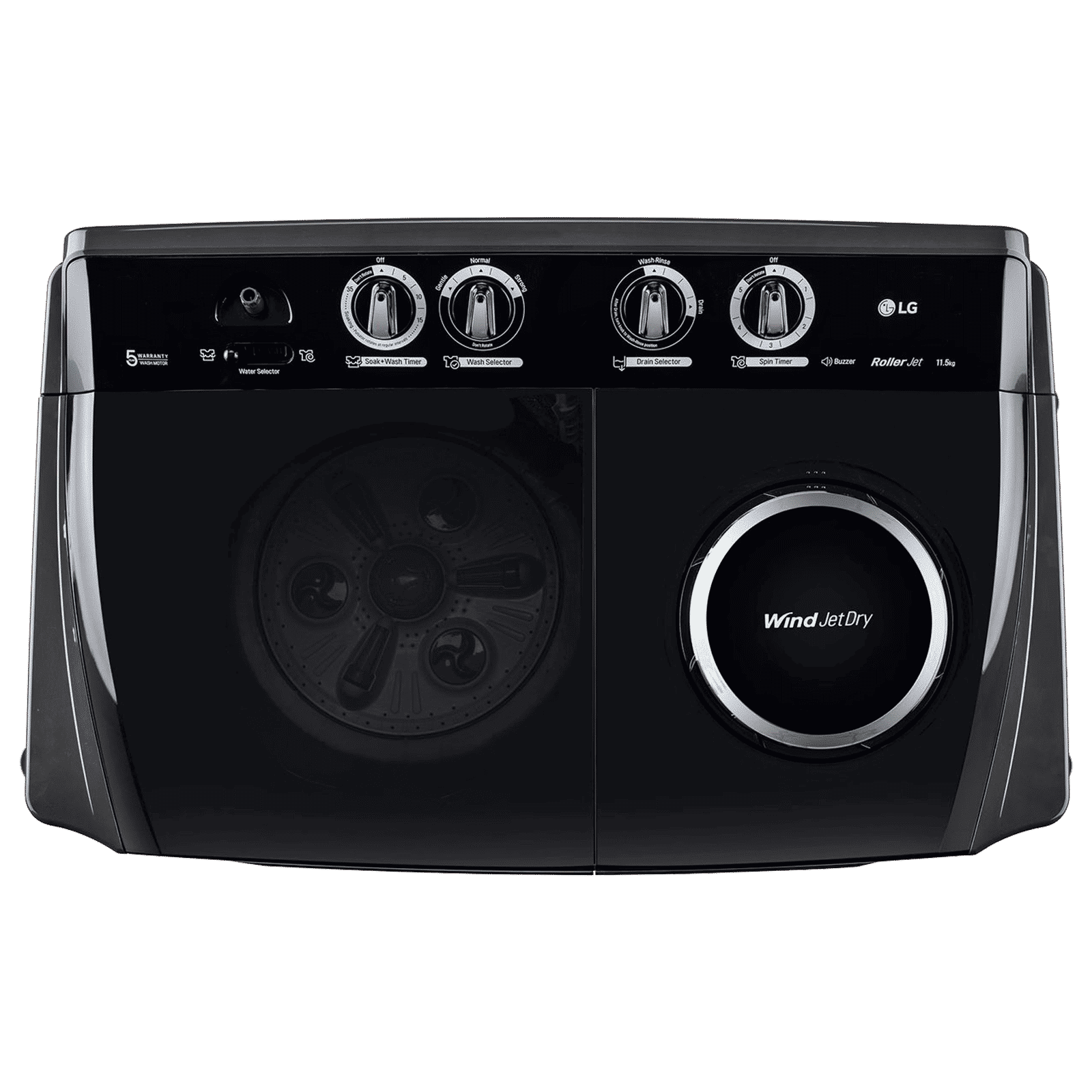 LG 11.5 kg 5 Star Semi Automatic Washing Machine with Wind Jet Dry Technology (P115ASLAZ, Full Black)