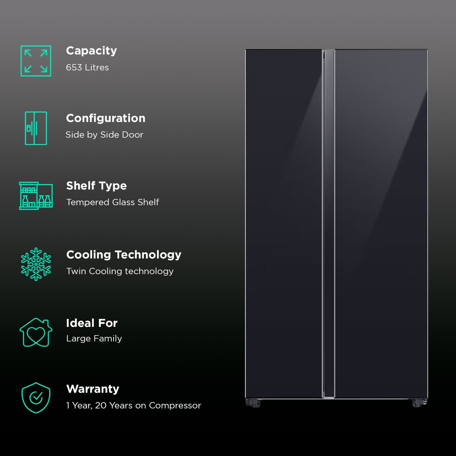 SAMSUNG 653 Litres 3 Star Frost Free Side by Side Door Smart Wifi Enabled Refrigerator with Twin Cooling Plus Technology (RS76CB81A333/HL, Glam Deep Charcoal)