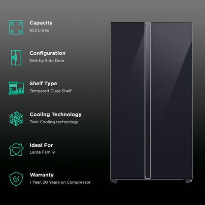 SAMSUNG 653 Litres 3 Star Frost Free Side by Side Door Smart Wifi Enabled Refrigerator with Twin Cooling Plus Technology (RS76CB81A333/HL, Glam Deep Charcoal)