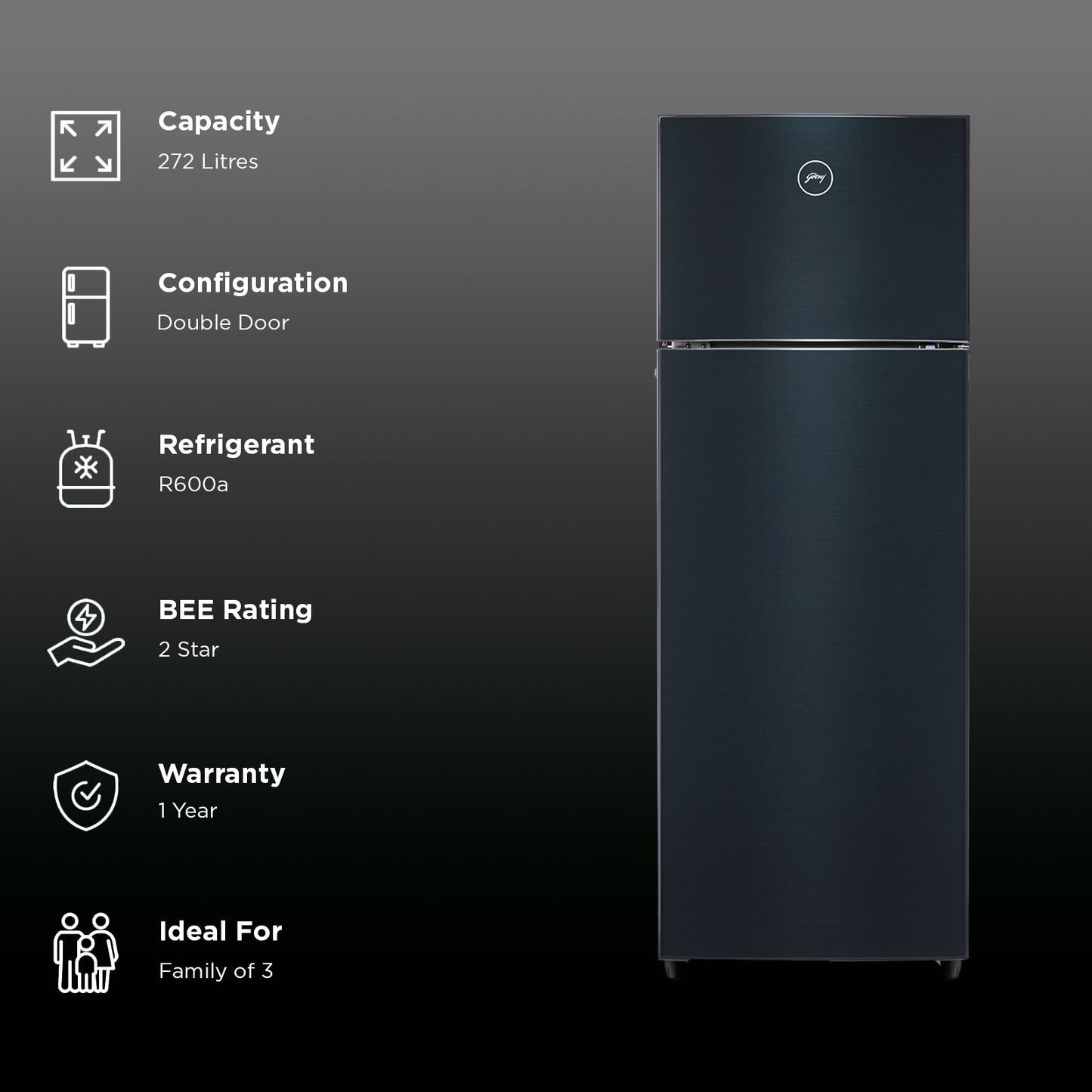 Godrej Eon Valor 272 Litres 2 Star Frost Free Double Door Refrigerator with Cool Balance Technology (RT EONVALOR 310B RI, Fossil Steel)