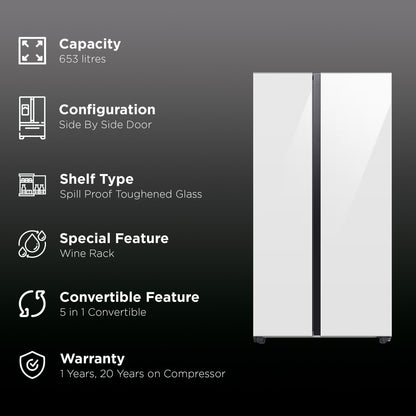 SAMSUNG 653 Litres 3 Star Frost Free Side by Side Door Smart Wifi Enabled Refrigerator with Twin Cooling Plus Technology (RS76CB81A312/HL, Clean White)