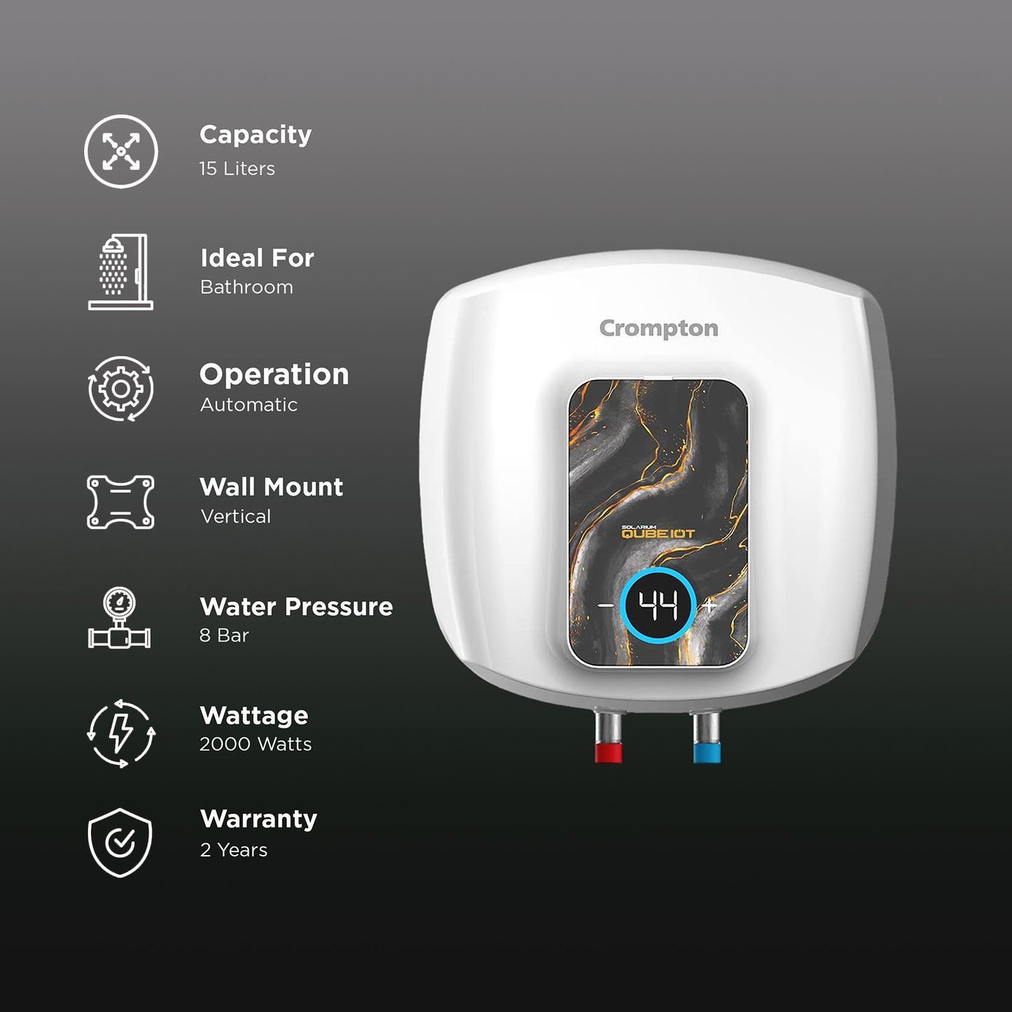 Crompton Solarium Qube IOT 15 Litre 5 Star Vertical Smart Geyser with Alexa & Google Assistant Compatibility (White)