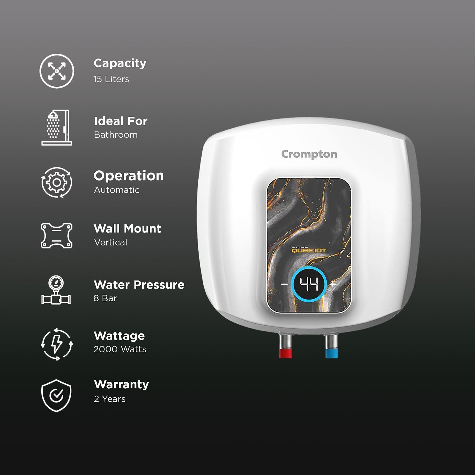 Crompton Solarium Qube IOT 15 Litre 5 Star Vertical Smart Geyser with Alexa & Google Assistant Compatibility (White)