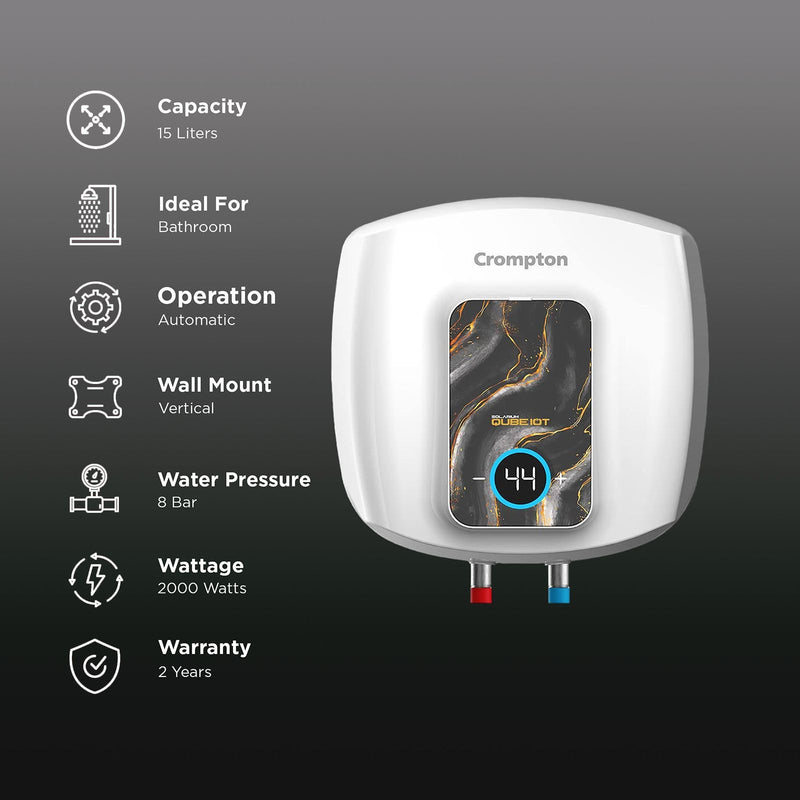 Crompton Solarium Qube IOT 15 Litre 5 Star Vertical Smart Geyser with Alexa & Google Assistant Compatibility (White)