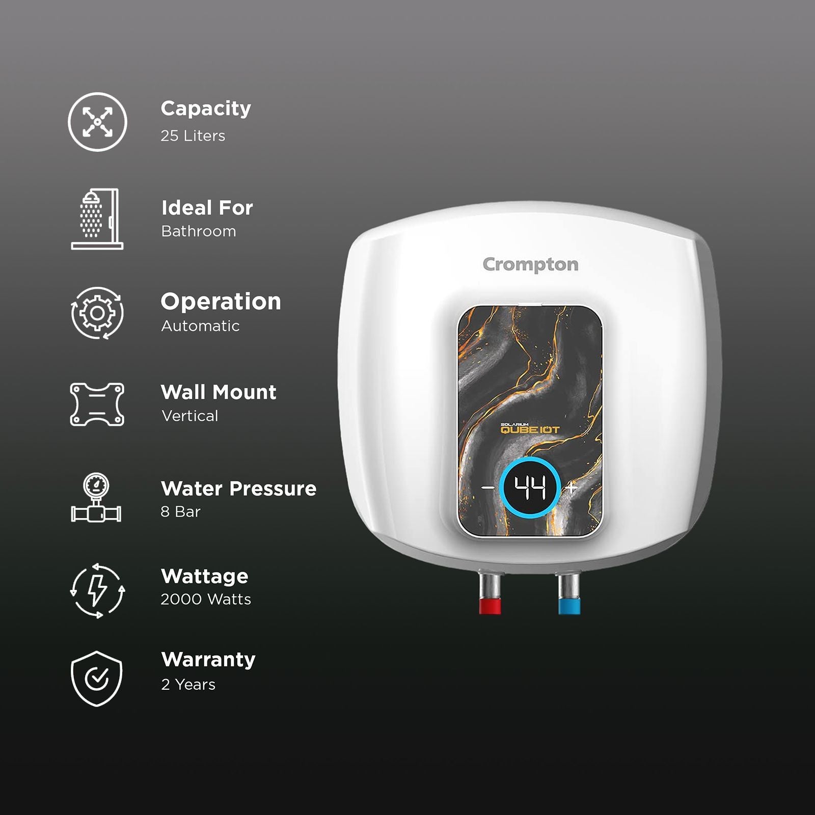 Crompton Solarium Qube IOT 25 Litre 5 Star Vertical Smart Geyser with Alexa & Google Assistant Compatibility (White)