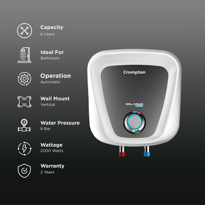 Crompton Solarium Care 6 Litre 5 Star Vertical Storage Geyser with Cutting-Edge Technology (White)