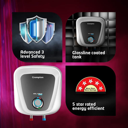 Crompton Solarium Care 10 Litre 5 Star Vertical Storage Geyser with Advanced 3 Level Safety (White)