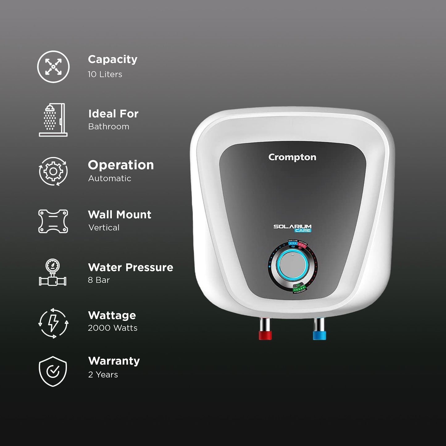 Crompton Solarium Care 10 Litre 5 Star Vertical Storage Geyser with Advanced 3 Level Safety (White)