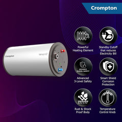 Crompton Versa Hz RHS 10 Litre 3 Star Horizontal Storage Geyser with Powerful Heating Element (Ivory)
