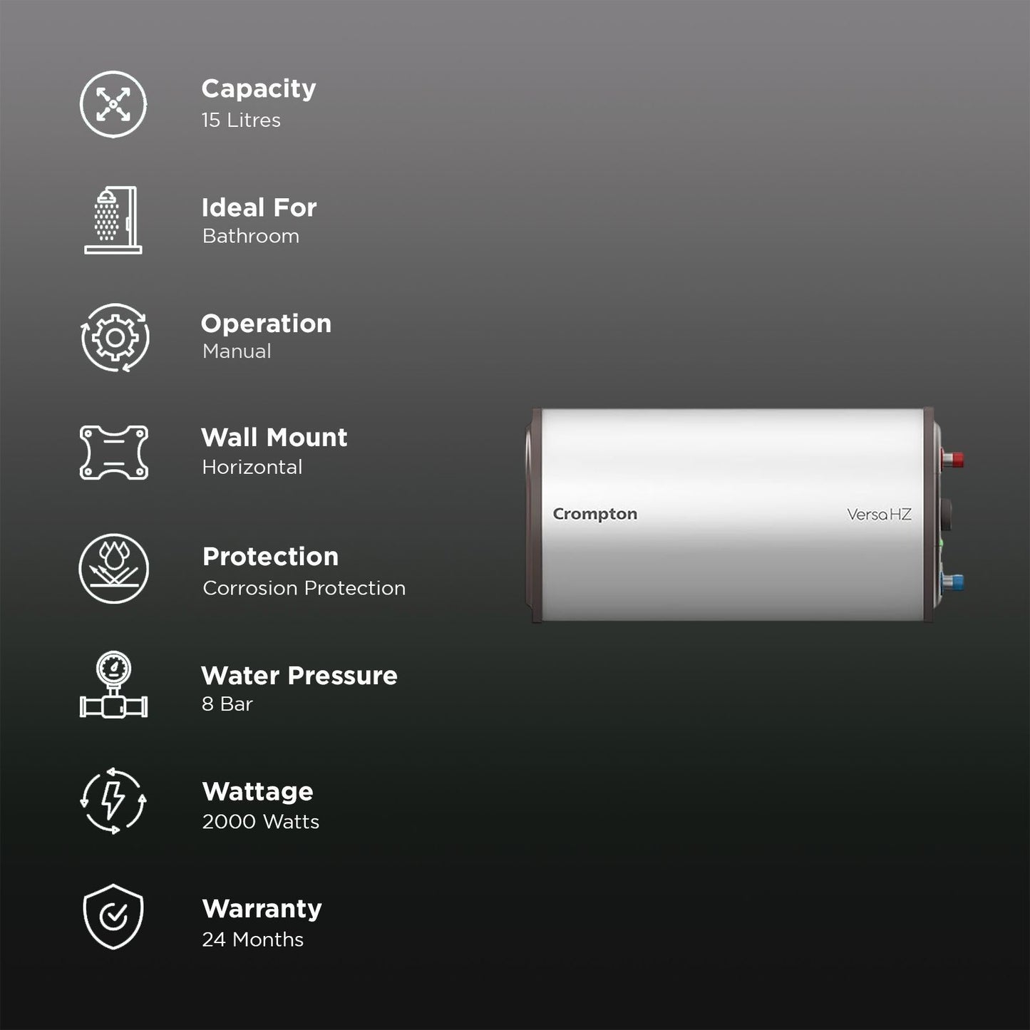 Crompton Versa HZ 15 Litre 3 Star Horizontal Storage Geyser with Advanced 3 Level Safety (White)