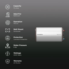 Crompton Versa HZ 15 Litre 3 Star Horizontal Storage Geyser with Advanced 3 Level Safety (White)