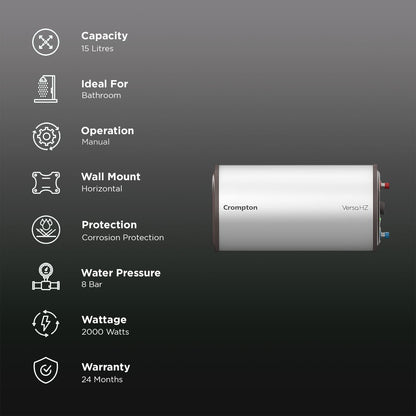 Crompton Versa HZ 15 Litre 3 Star Horizontal Storage Geyser with Advanced 3 Level Safety (White)