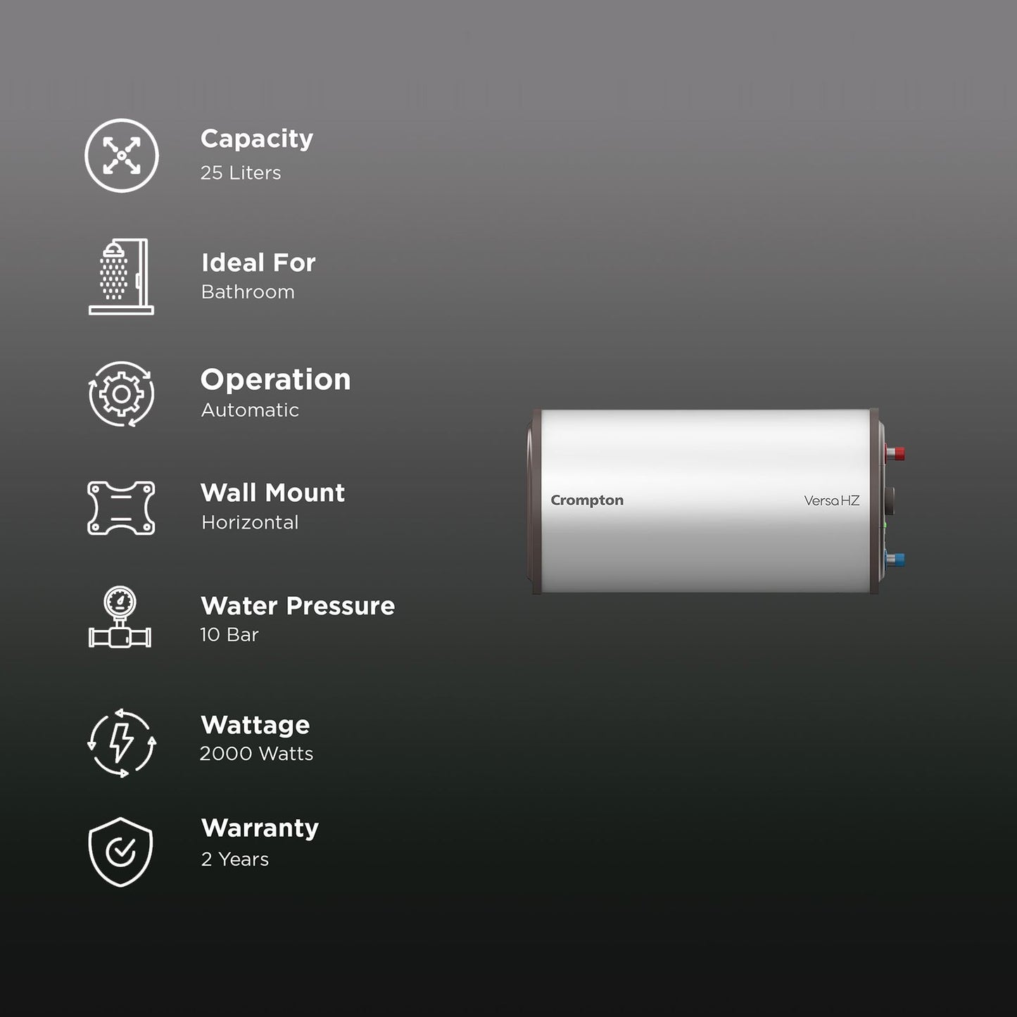 Crompton Versa Hz RHS 25 Litre 3 Star Horizontal Storage Geyser with Powerful Heating Element (White)