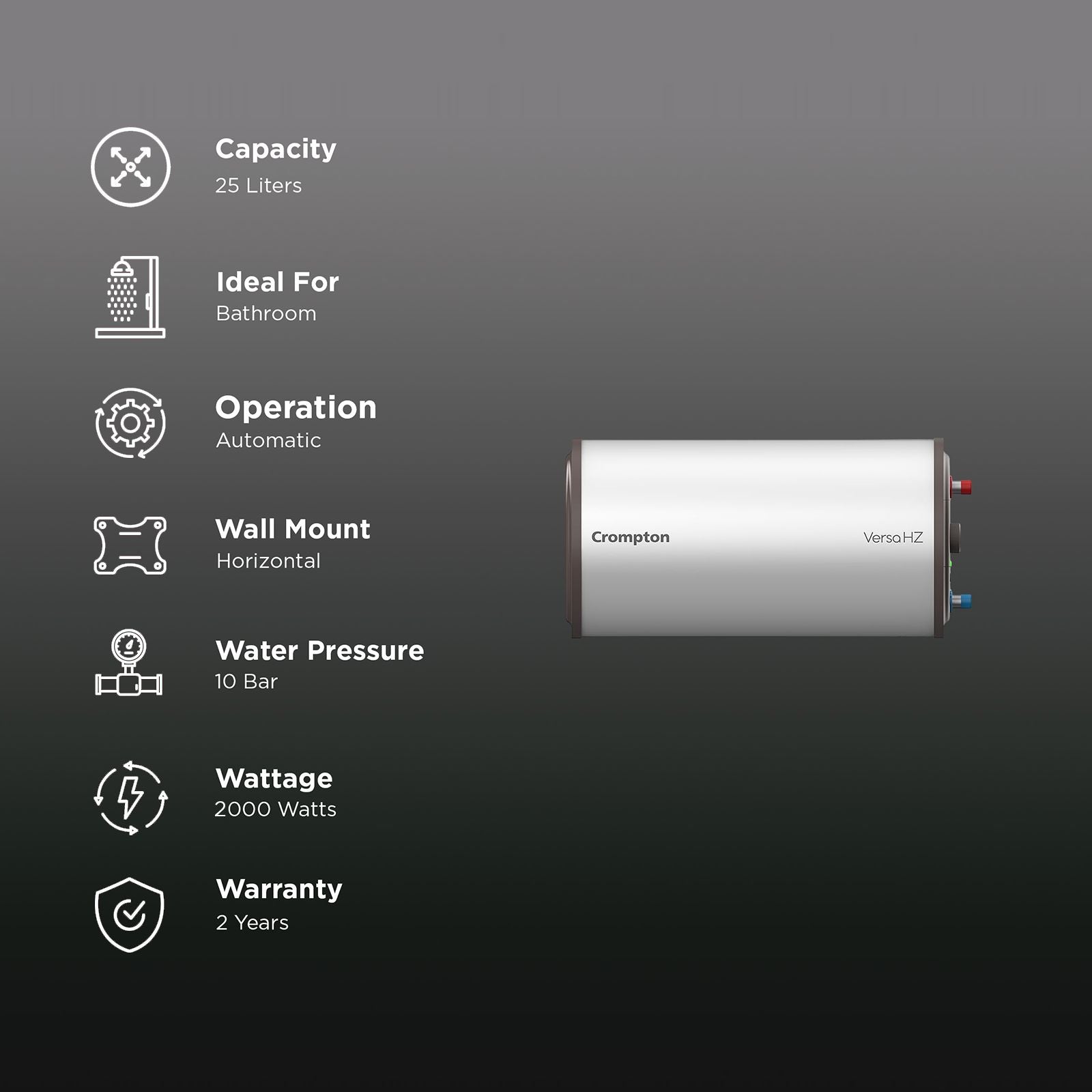 Crompton Versa Hz RHS 25 Litre 3 Star Horizontal Storage Geyser with Powerful Heating Element (White)