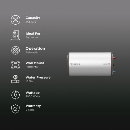 Crompton Versa Hz RHS 25 Litre 3 Star Horizontal Storage Geyser with Powerful Heating Element (White)