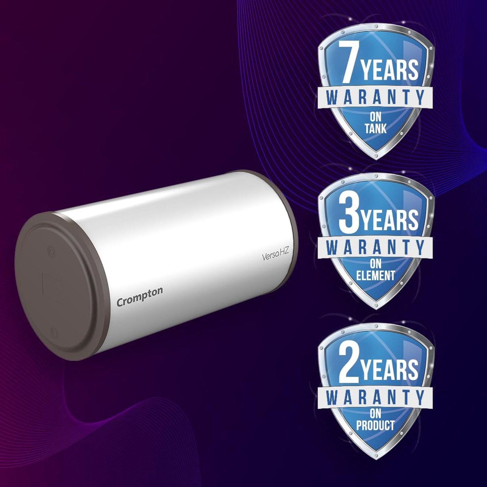 Crompton Versa Hz RHS 25 Litre 3 Star Horizontal Storage Geyser with Powerful Heating Element (White)