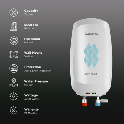 Crompton Hydrajet 3 Litre 5 Star Vertical Instant Geyser with Advanced 4 Level Safety (White)
