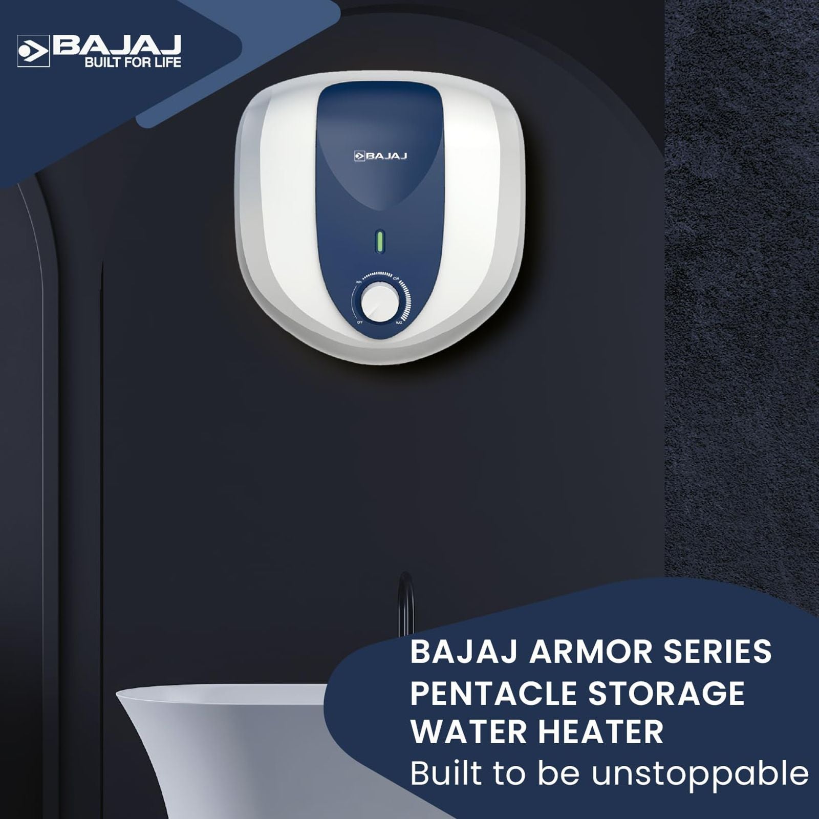 BAJAJ Armor Series Pentacle 10 Litre 5 Star Vertical Storage Geyser with Swirl Flow Technology (White and Blue)