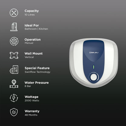 BAJAJ Armor Series Pentacle 10 Litre 5 Star Vertical Storage Geyser with Swirl Flow Technology (White and Blue)