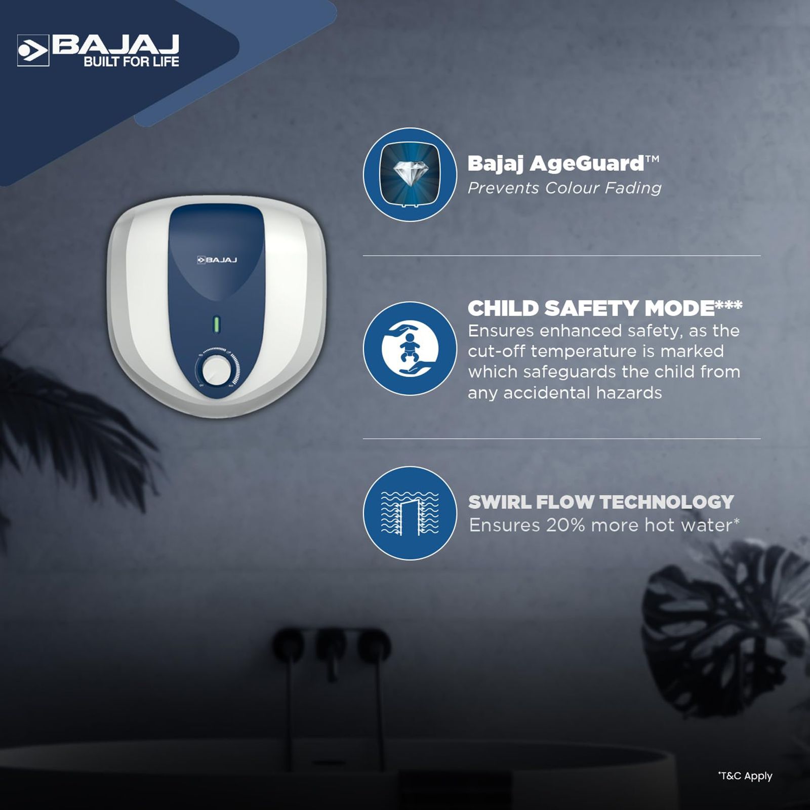 BAJAJ Armor Series Pentacle 15 Litre 5 Star Vertical Storage Geyser with Swirl Flow Technology (White and Blue)