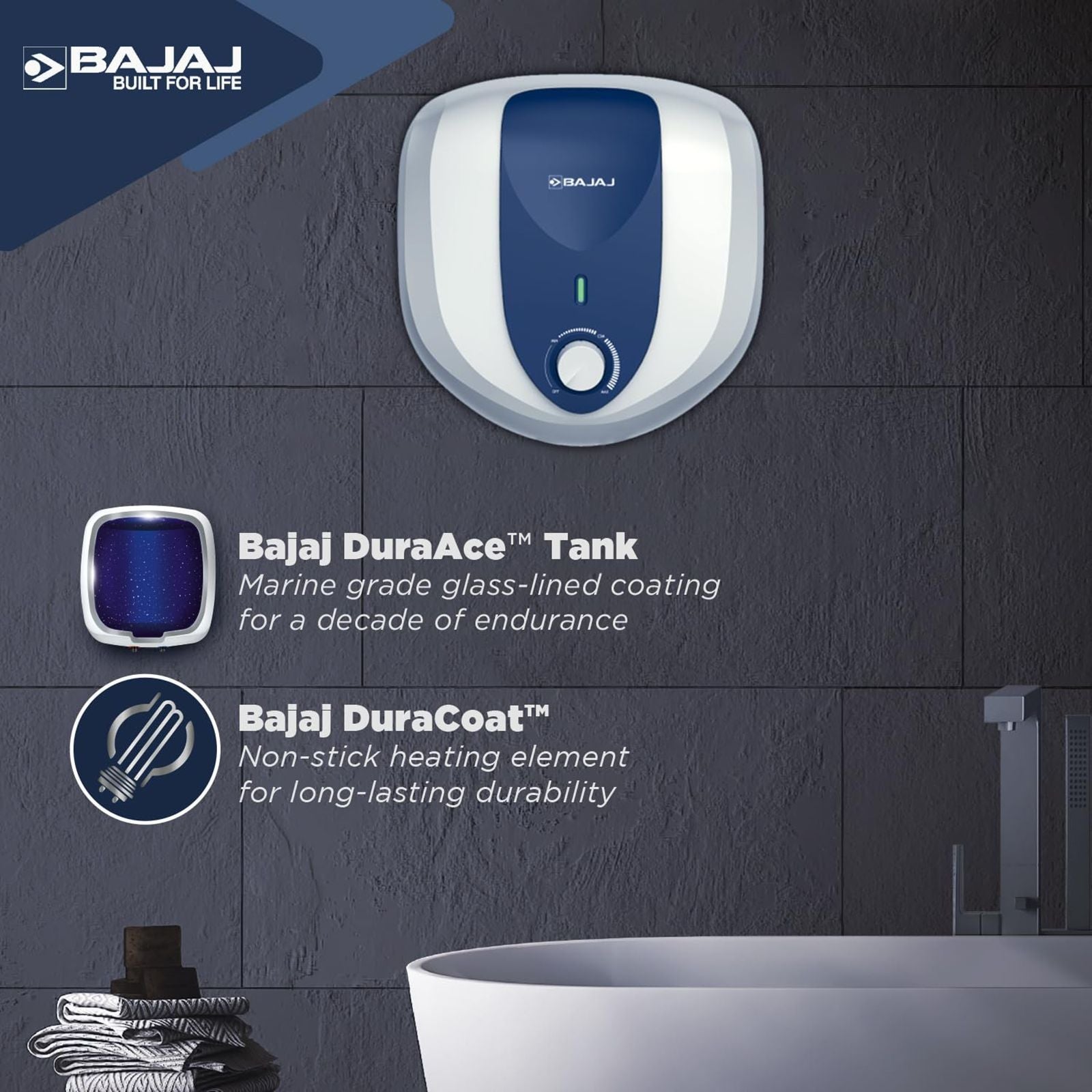 BAJAJ Armor Series Pentacle 15 Litre 5 Star Vertical Storage Geyser with Swirl Flow Technology (White and Blue)