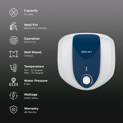 BAJAJ Armor Series Pentacle 15 Litre 5 Star Vertical Storage Geyser with Swirl Flow Technology (White and Blue)