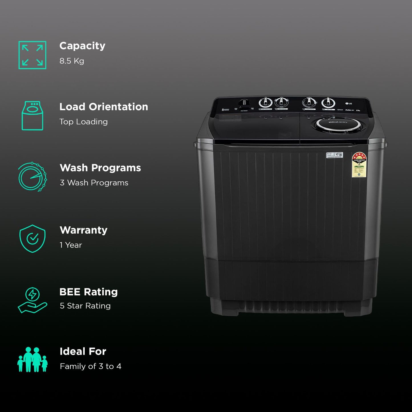 LG 8.5 kg 5 Star Semi Automatic Washing Machine with Roller Jet Pulsator (P8535SLMZ, Full Black)