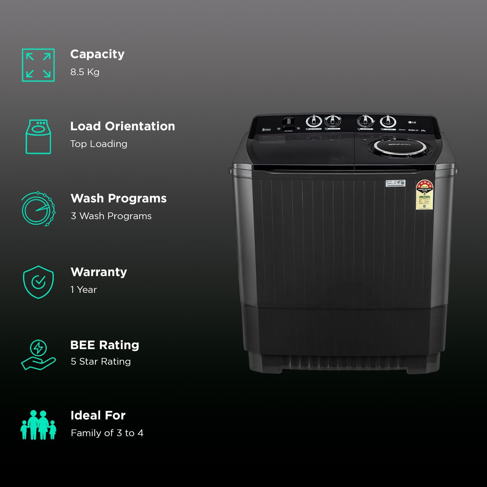 LG 8.5 kg 5 Star Semi Automatic Washing Machine with Roller Jet Pulsator (P8535SLMZ, Full Black)