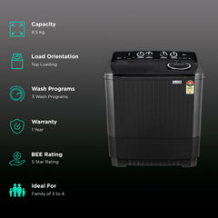 LG 8.5 kg 5 Star Semi Automatic Washing Machine with Roller Jet Pulsator (P8535SLMZ, Full Black)