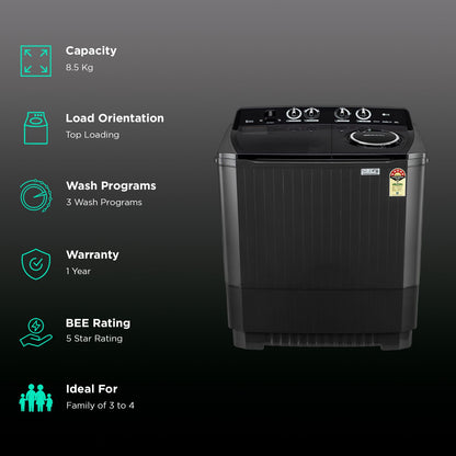 LG 8.5 kg 5 Star Semi Automatic Washing Machine with Roller Jet Pulsator (P8535SLMZ, Full Black)