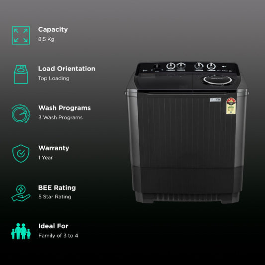 LG 8.5 kg 5 Star Semi Automatic Washing Machine with Roller Jet Pulsator (P8535SLMZ, Full Black)