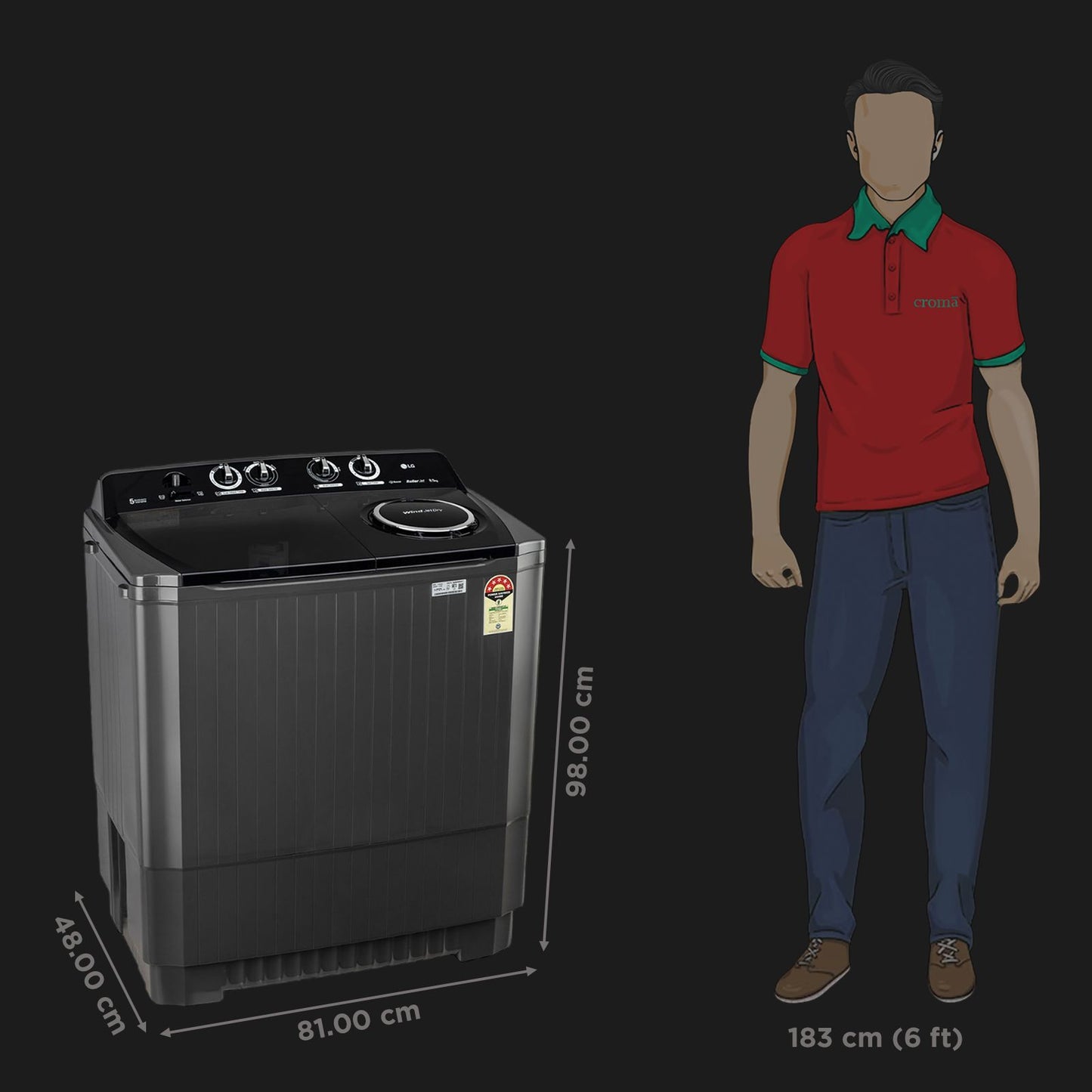 LG 8.5 kg 5 Star Semi Automatic Washing Machine with Roller Jet Pulsator (P8535SLMZ, Full Black)