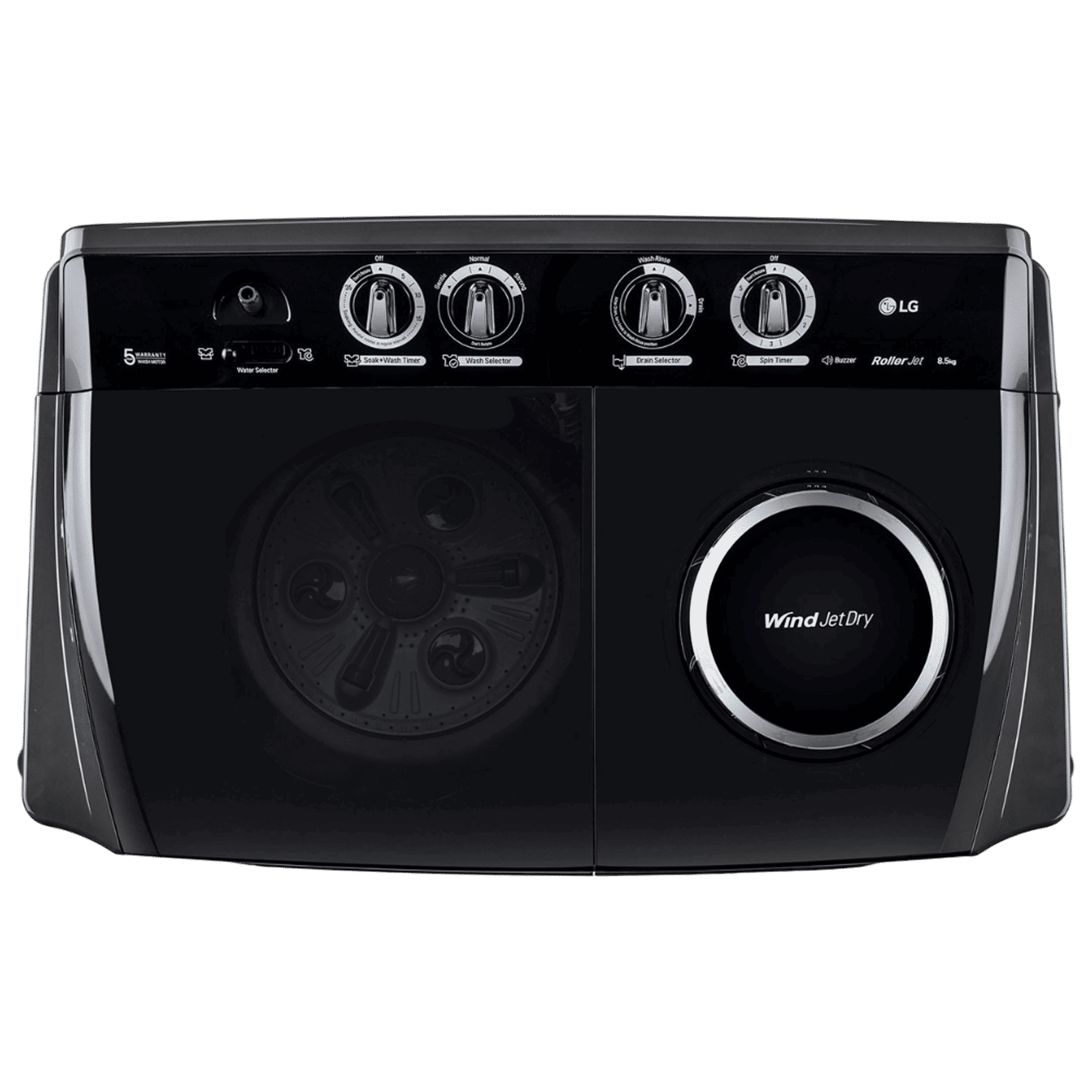 LG 8.5 kg 5 Star Semi Automatic Washing Machine with Roller Jet Pulsator (P8535SLMZ, Full Black)