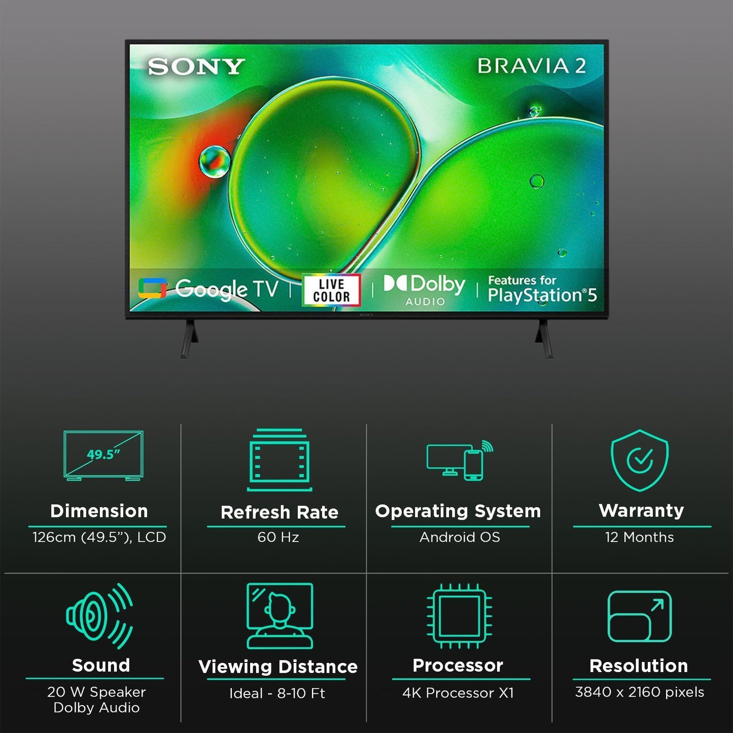 SONY BRAVIA 2 127 cm (50 inch) 4K Ultra HD LCD Smart Android TV with Auto HDR Tone Mapping(2024 Model)