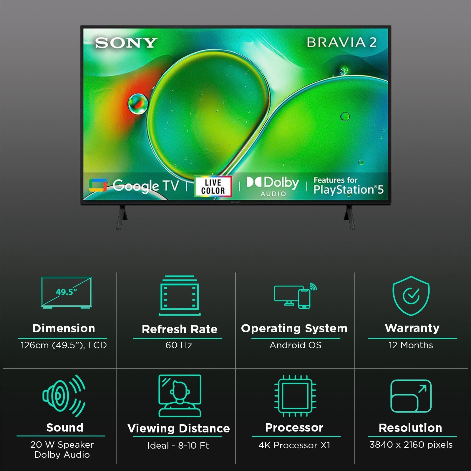 SONY BRAVIA 2 127 cm (50 inch) 4K Ultra HD LCD Smart Android TV with Auto HDR Tone Mapping(2024 Model)