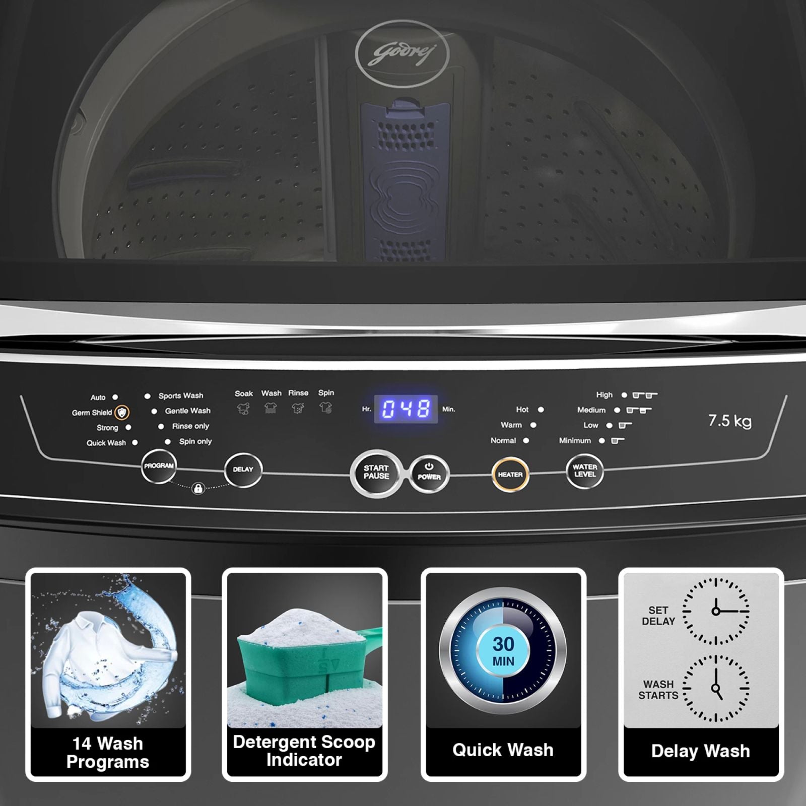 Godrej 7.5 kg 5 Star Fully Automatic Top Load Washing Machine (Magnus, WTEON MGNS 75 5.0 FDTG MTBK, Built In Heater, Metallic Black)