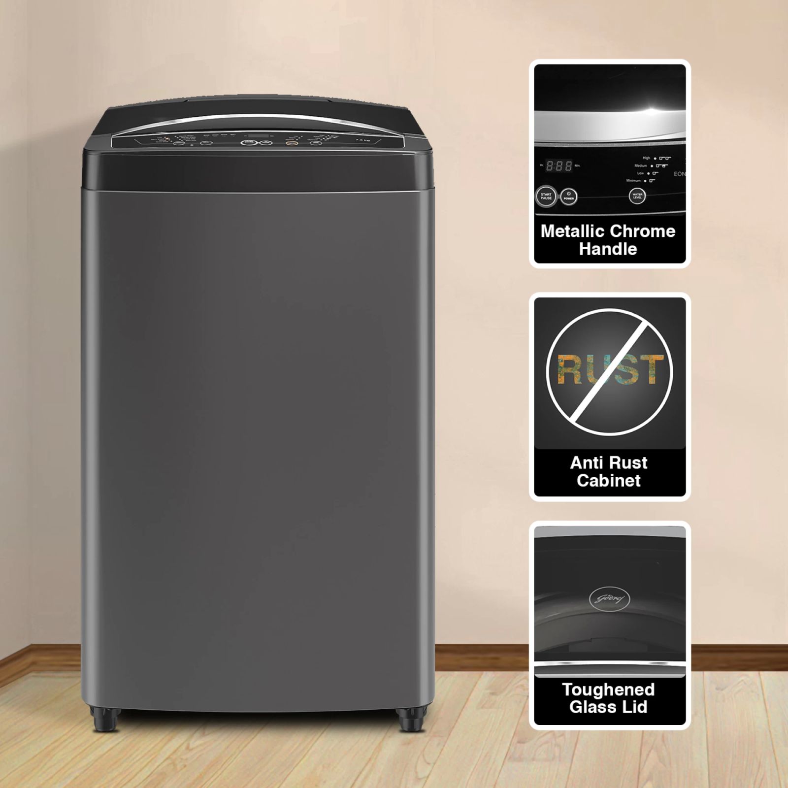 Godrej 7.5 kg 5 Star Fully Automatic Top Load Washing Machine (Magnus, WTEON MGNS 75 5.0 FDTG MTBK, Built In Heater, Metallic Black)